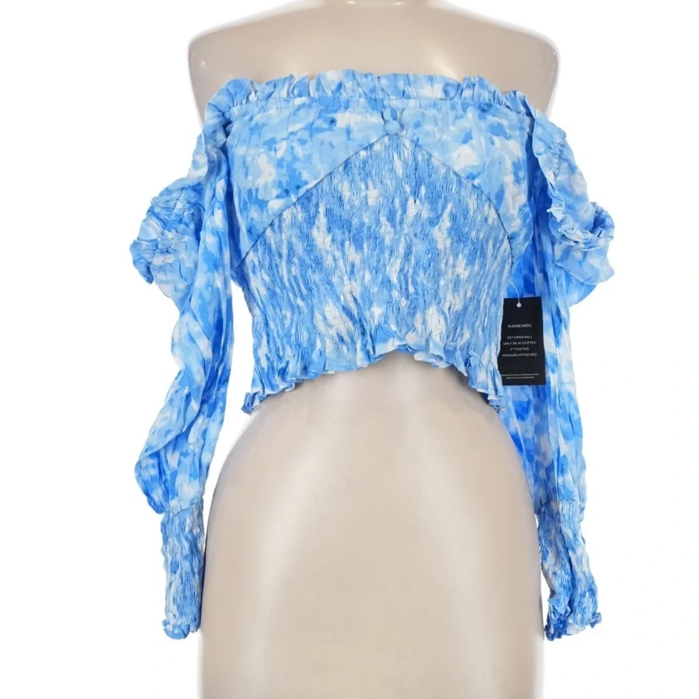 Faithfull The Brand Willow Smocked Blue Floral Top Puff Sleeve Square Neck 8 NWT